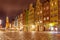 Long Market street in Gdansk, view on the Town Hall and the colourful facades, evening lights, no people