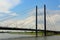 Long metal bridge above the Rhine river in Dusseldorf, Germany i