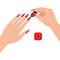 Long nails covered with varnish, top view. Woman paints her nails with red varnish. Home hand care. Vector