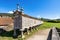 The long and narrow grain store, horreo at Carnota in Galicia, Spain
