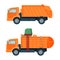 Long orange dumpster truck with empty and full body set