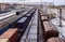 Long railway freight trains with lots of wagons. top view. trans