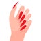 Long red nails on woman hand. Nail extension, extreme length. Cover your nails with red polish. Girl loves manicure