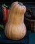 A long ripe whole pumpkin in close-up on a dark background, with vegetables in the background