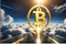 a long road forwarding toward sky leading to bitcoin, 3d symbolizing of bitcoin market in future