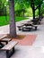 Long rows of outdoor picnic or lunch tables