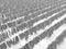 Long rows of similar uniform clothing racks. Featureless monotonous gray clothes. Top view. 3D render illustration