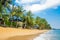 Long Samui MaeNam morning beach with coconut palms under sky. Happy vacation, relaxation, idyllic landscape