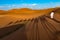 Long shadows of camel caravan, Erg Chebbi, Sahara desert, Merzouga, Morocco