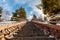 Long staircase on the anti-mudflow dam Medeu. Famous tourist place in Almaty