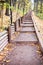 Long stairway with wooden rails in autumn forest, nobody