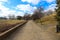 A long straight footpath in the park surrounded by yellow winter grass and bare winter trees with blue sky and clouds