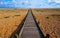 Long straight wooden pathway on a pebble beach