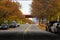 A long street with a yellow line and cars and trucks parked along the street underneath a red metal bridge