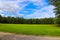 A long stretch of lush green grass surrounded by lush green and autumn colored trees in the park with blue sky and clouds