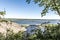 Long suspension bridge spans the St. Lawrence River between Montmorency and the scenic island of Ile d`Orleans in Quebec