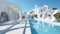 A long swimming pool in a white building. Generative AI image.