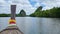 Long tail boat on sea and mountains, View from Long tail boat in Krabi, Thailand. at bluesky cloud. Tropical seascape view island