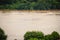 A long-tailed boat with full passengers is running upstream against the river tide along muddy of Mekong river at Amphoe Khong Ch