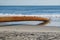 Long thick rusty pipe running along wet beach sand and entering the ground at the edge of the ocean