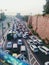 Long traffic lanes in India during lockdown