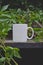 A long view of a blank white coffee mug on the park table