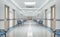 Long white hospital corridor with rooms and seats 3D rendering. Empty accident and emergency interior with bright lights lighting