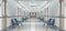 Long white hospital corridor with rooms and seats 3D rendering. Empty accident and emergency interior with bright lights lighting