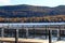 Long wood piers on calm lake