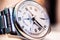 Longines hand watch, macro, luxury watch company, Longines winged hourglass logo registered in 1889 is oldest unchanged trademark