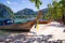 Longtail boats line the shore in Maya Bay at Phi Phi island