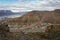 Longyearbyen and the Advent fjord, seen from Platafjellet, the Plata mountain, in Svalbard. Rocky mountain foreground