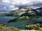 A look above on the town of Waterton on a dark cloudy day, at the top of bear`s hump trail in Waterton Lakes National Park