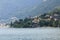 Look at castle Rezzonico in San Siro, town panorama, bank promenade in Lake Como