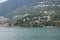 Look at castle Rezzonico in San Siro, town panorama, bank promenade in Lake Como