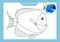 Look and color. Coloring page outline of a tropical fish with colored example. Vector illustration, coloring book for kids