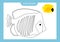 Look and color. Coloring page outline of a tropical fish with colored example. Vector illustration, coloring book for kids