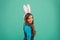 For look of future. Beauty look of Easter bunny. Little girl wear rabbit ears and long hair. Beauty and look. Hair salon