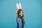 For look of future. Beauty look of Easter bunny. Little girl wear rabbit ears and long hair. Beauty and look. Hair salon