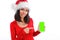 Look here my profile cool site link or app. Young woman in christmas red dress and Santa hat hold smartphone show
