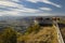 Look-out with Millau Viaduct across gorge valley of Tarn River, Aveyron Departement, France