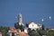 Look to Gravedona, church Santa Maria del Tiglio over Lake Como in Italy