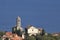 Look to Gravedona, church Santa Maria del Tiglio over Lake Como in Italy