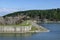 Look toward barrage wall of picturesque dam