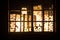 Look through a window and city night view. Realistic dollhouse window and city miniature