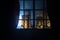 Look through a window and city night view. Realistic dollhouse window and city miniature