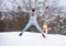 Look at this. winter holiday outdoor. warm sweater in cold weather. man play with snow. bearded man build snowman. happy