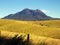 Looking across open grazing land towards the rugged mountain pea