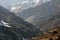 Looking across the valley heading towards Lake Tilicho and the steep sided mountains of the Himalayas. On the Annapurna Circuit. N
