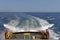 Looking back over the stern of an old and well used Peruvian Supply Vessel at the wake